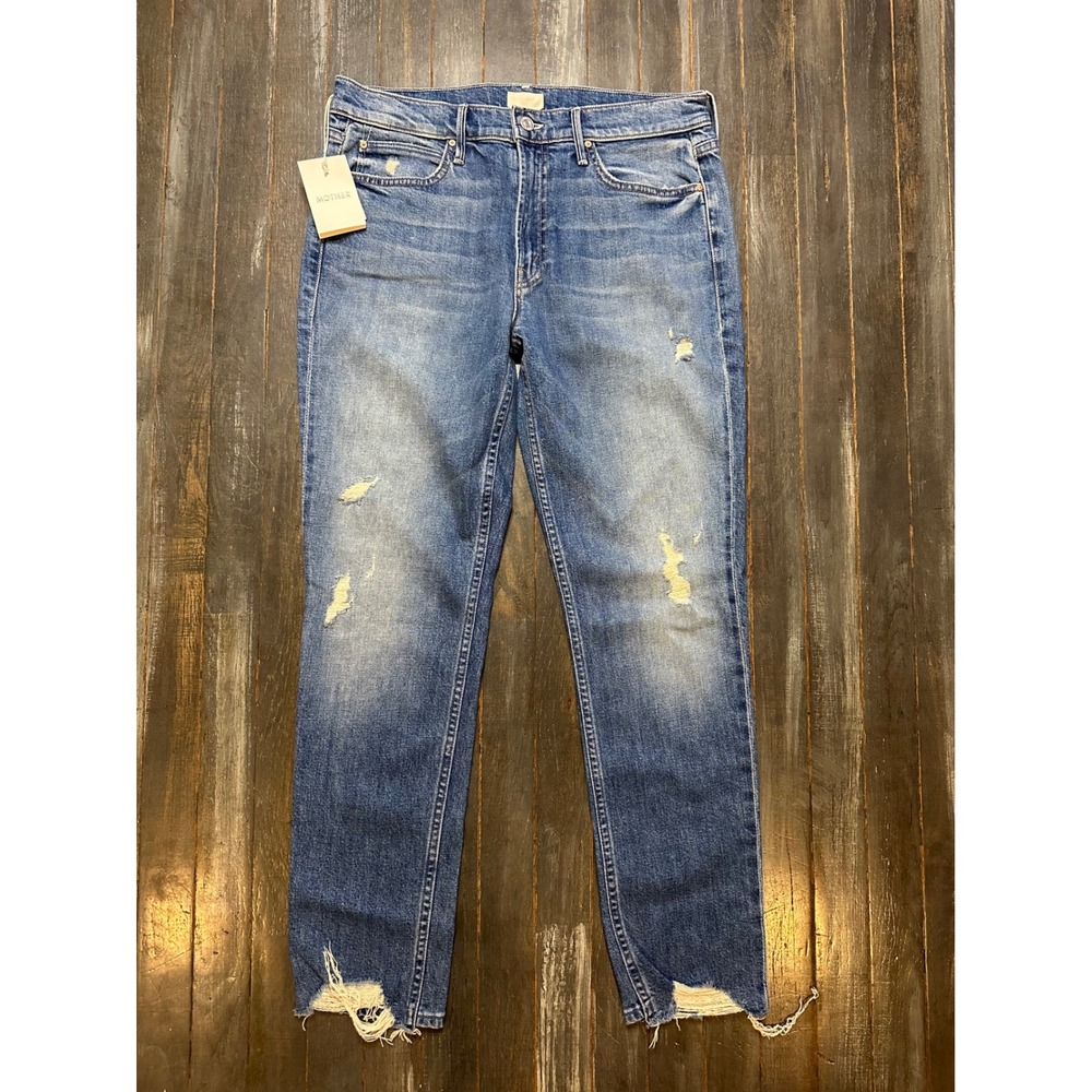 Mother The Flirt Jeans Cold Feet Blue Distressed Straight Leg Denim